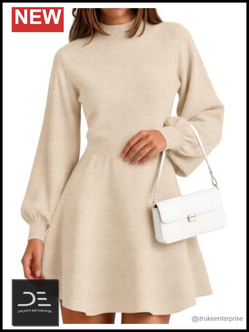 Mock Neck Lantern Sleeve Sweater Mini Dress A-Line Pullover Knit